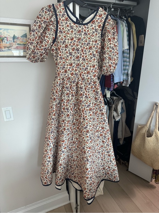 Loeffler Randall Dresses & Skirts - Loeffler Randall Cream Floral Puff-Sleeve Midi Dress with Navy Trim
